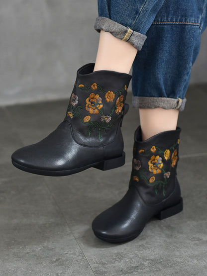 Bottes à talons bas en cuir avec broderie florale vintage pour femmes AX1050