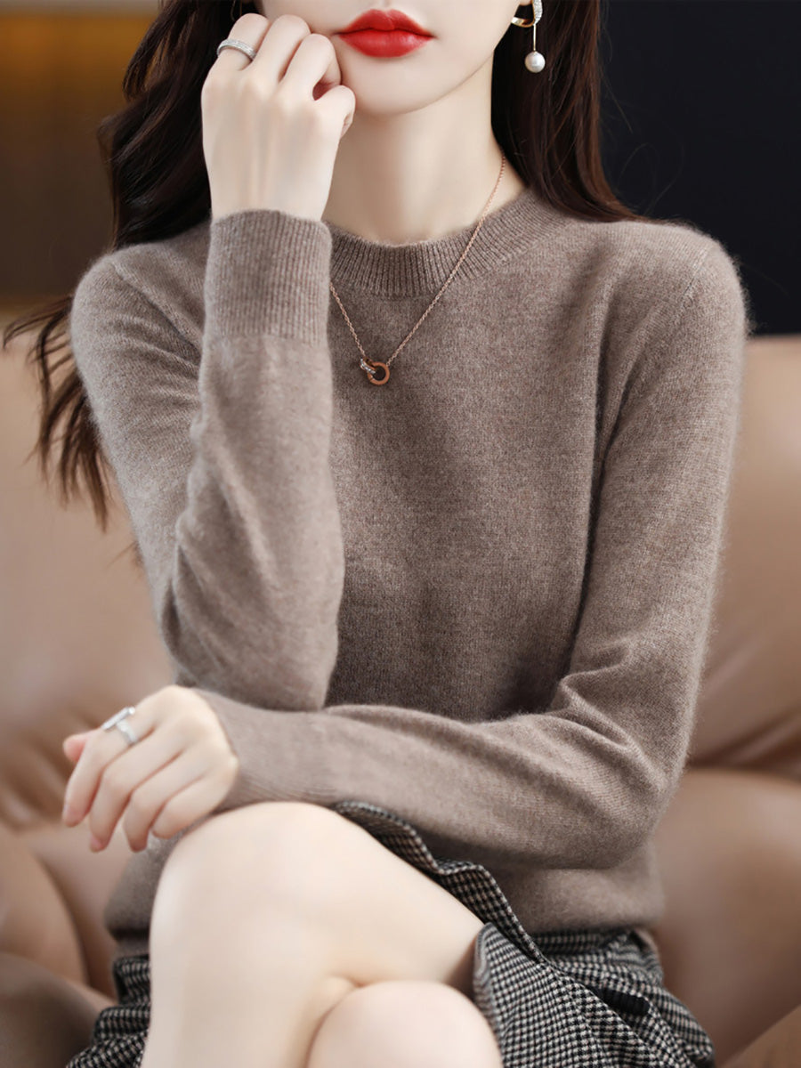 Women Autumn Solid Wool Knitted O-Neck Bottom Sweater CX058