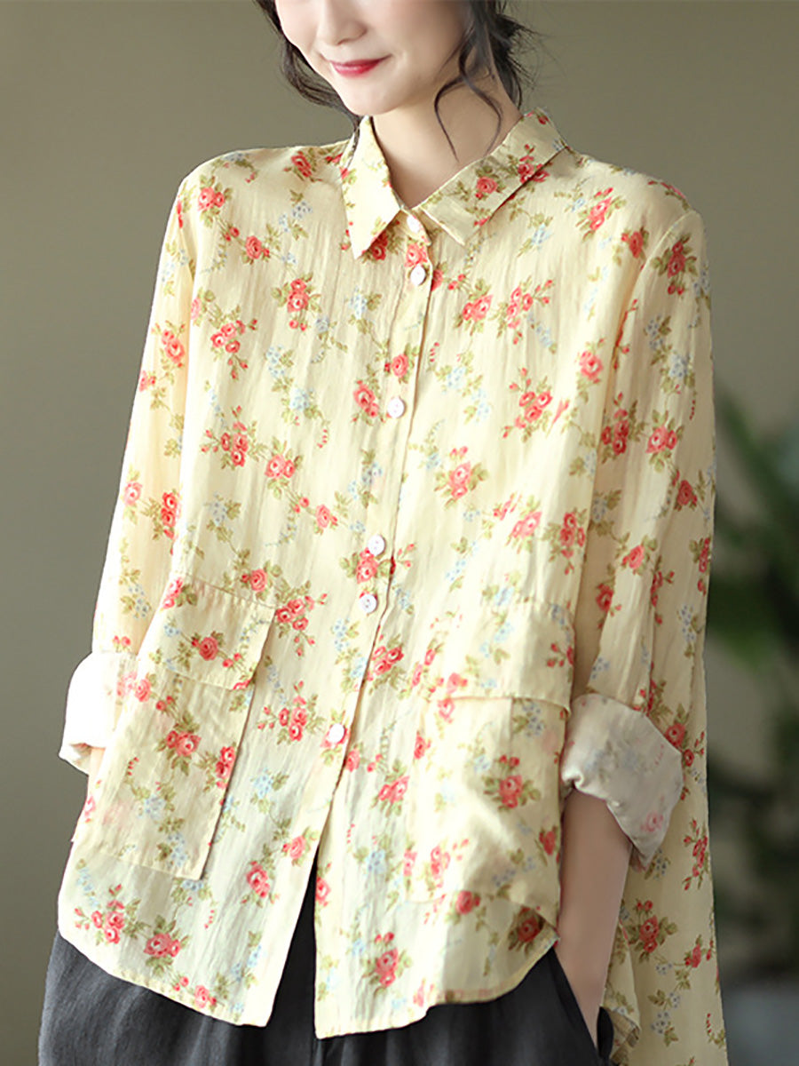 Damen Vintage Floral Frühling Button Up Ramie Bluse AT1089