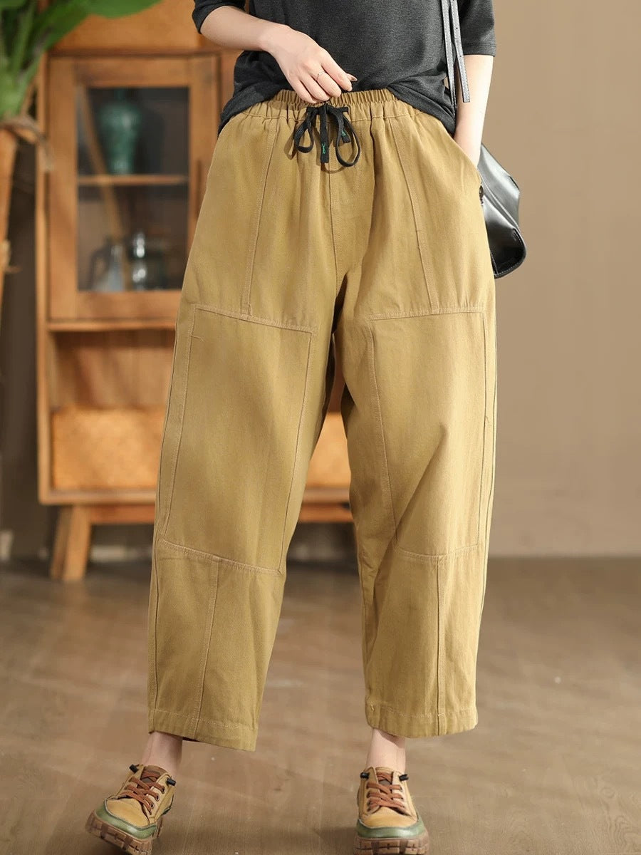 Women Autumn Vintage Solid Spliced Pocket Harem Pants AI1030