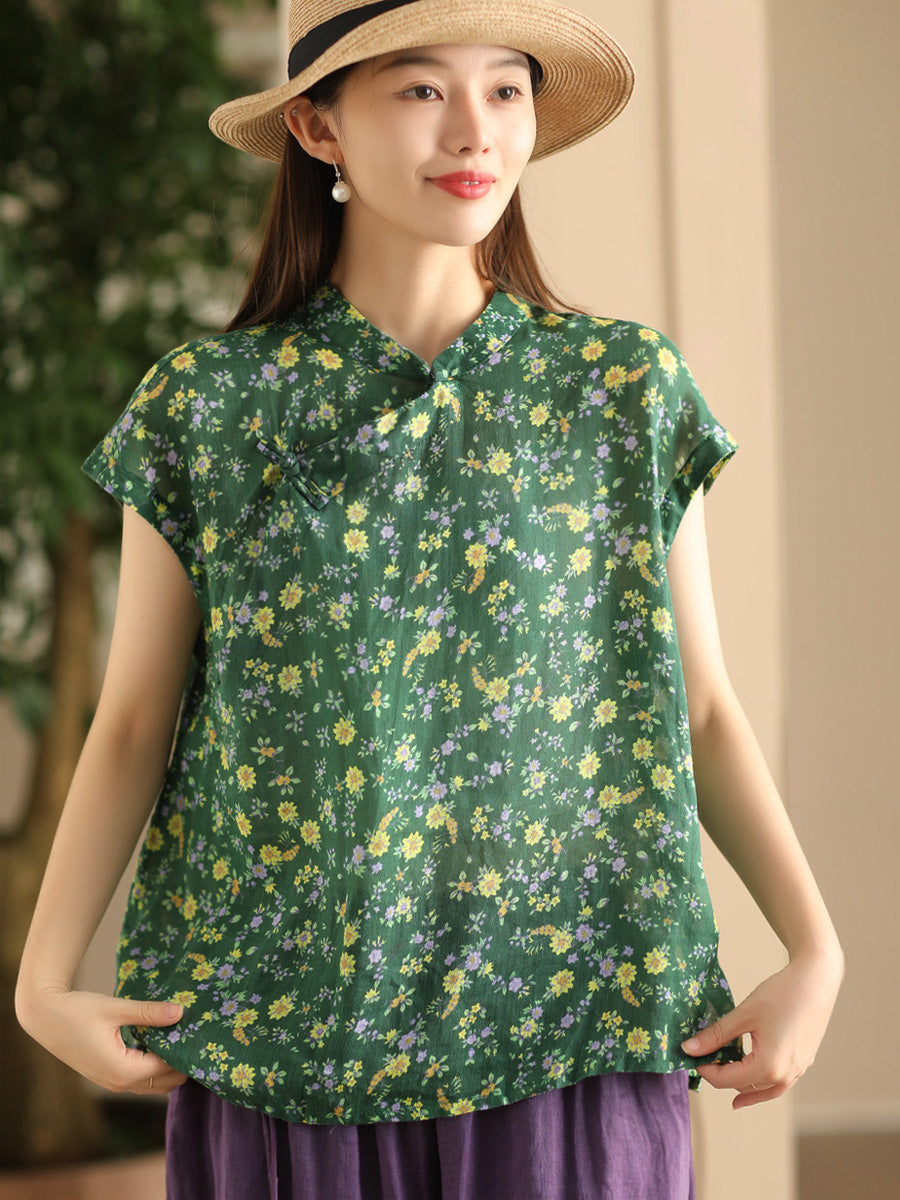 Chemise d'été à col montant et imprimé floral vintage pour femme FD045