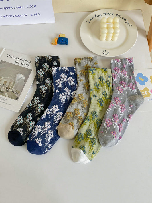 5 Paar Damen Baumwollsocken mit Vintage-Blumenmuster und Farbblockdesign AH1025