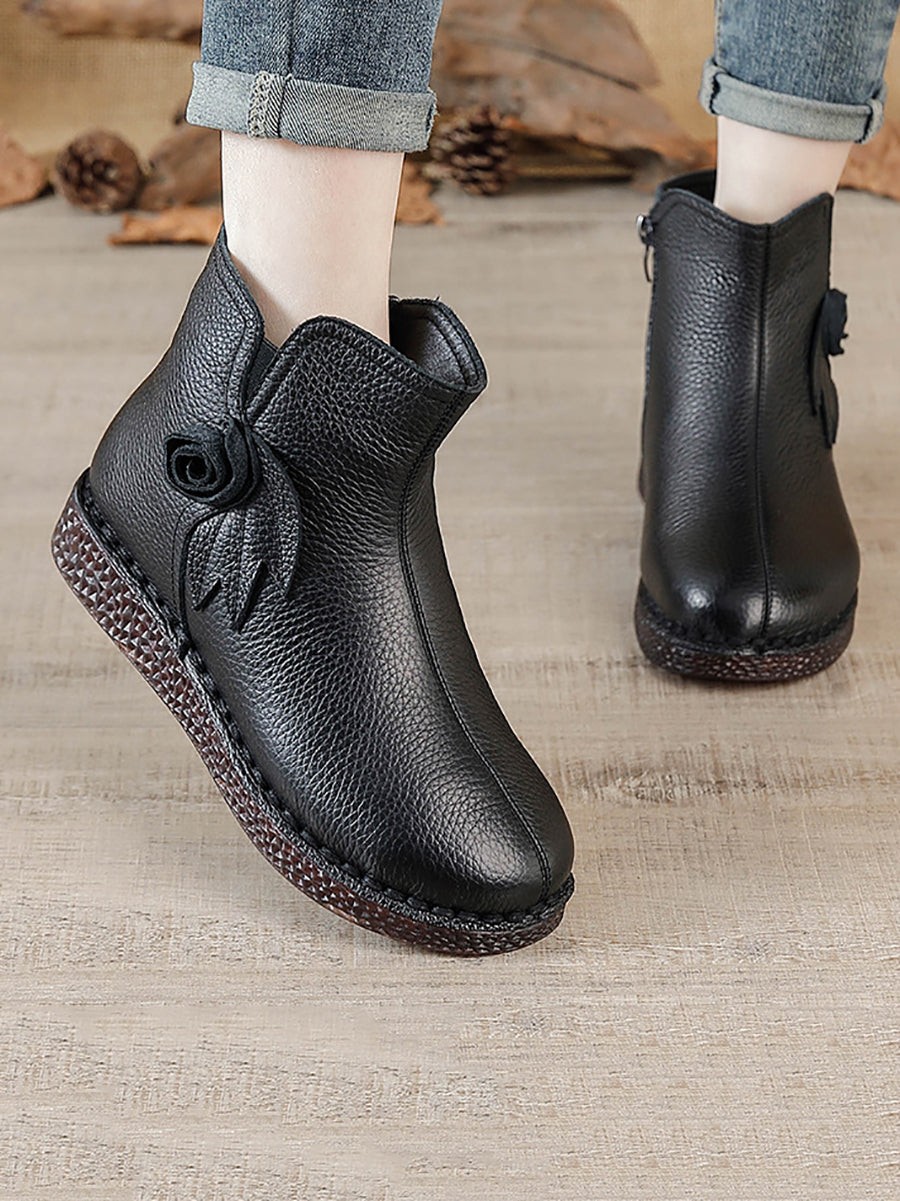 Women Vintage Genuine Leather Flower Flat Ankle Boots QN013