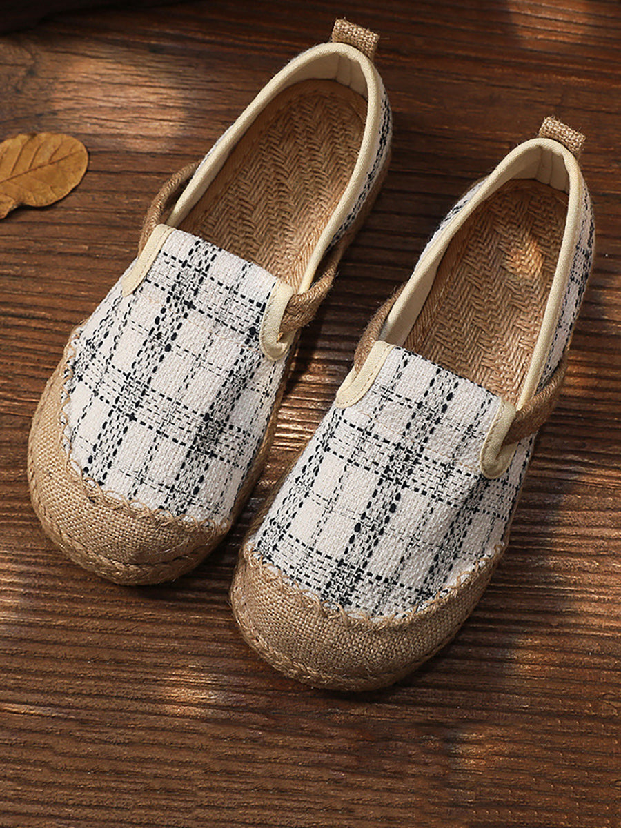 Women Artsy Summer Plaid Linen Spliced Flat Shoes RR007