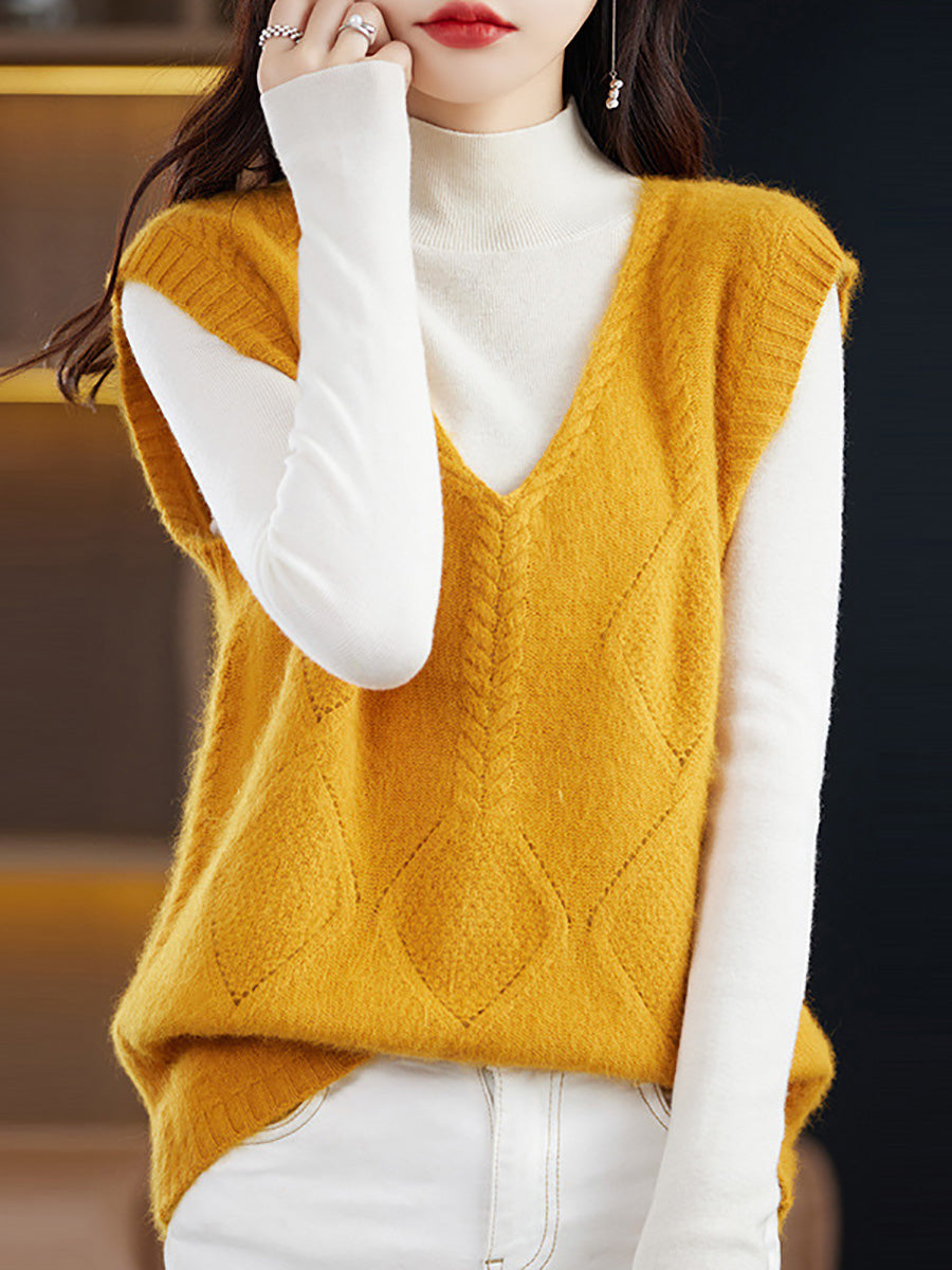 Women Casual Wool V-Neck Twist Knit Vest BA1045