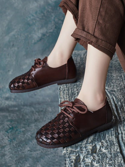 Women Autumn Vintage Soft Leather Waeve Flat Shoes AT1029