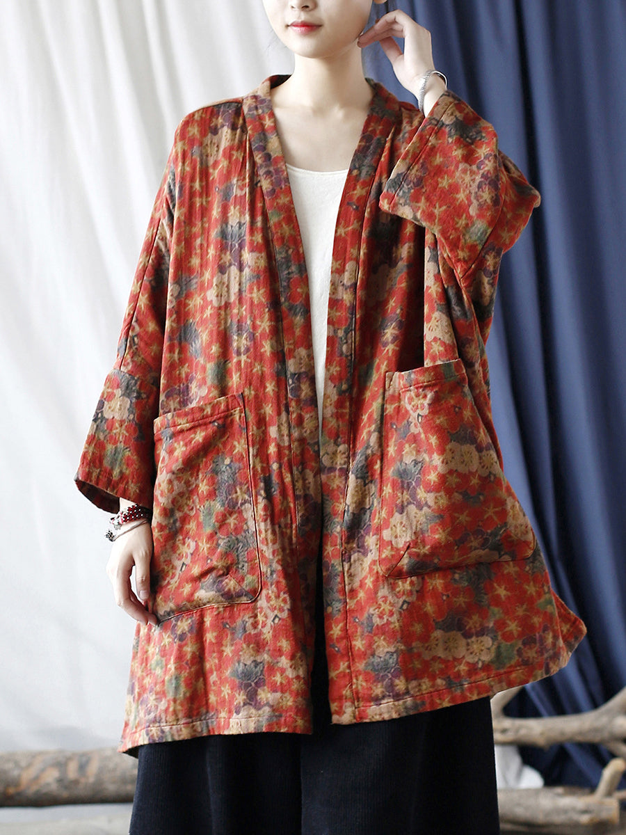 Women Ethnic Floral V-neck Pocket Cardigan Coat RR019