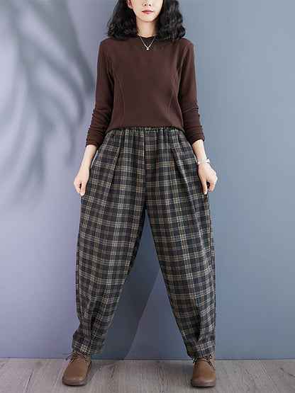 Women Autumn Retro Plaid Thick Cotton Harem Pants BA1036