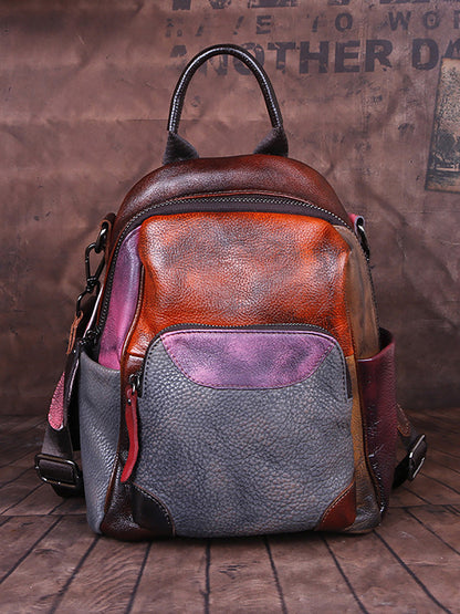 Women Colorblock Hand Painted Outdoor Leather Backpack AH1072