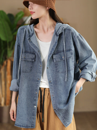 Manteau à capuche en denim uni décontracté pour femme AT1026