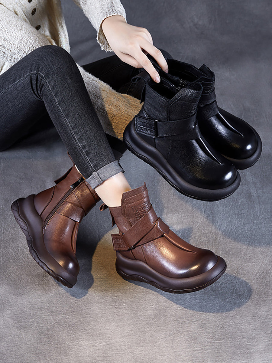 Women Vintage Genuine Leather Spliced Platform Ankle Boots QU002