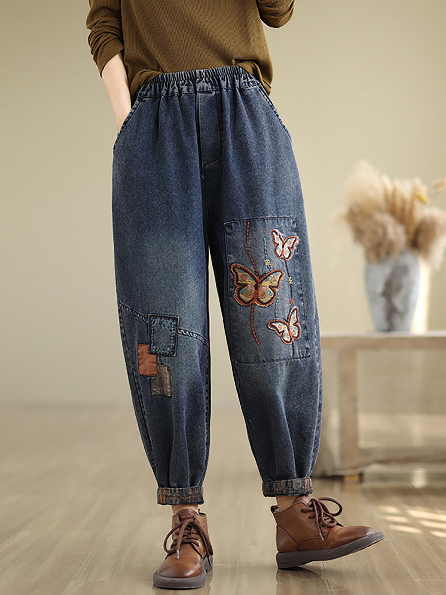 Pantalon sarouel en denim brodé de papillons artistiques d'automne pour femmes AI1078