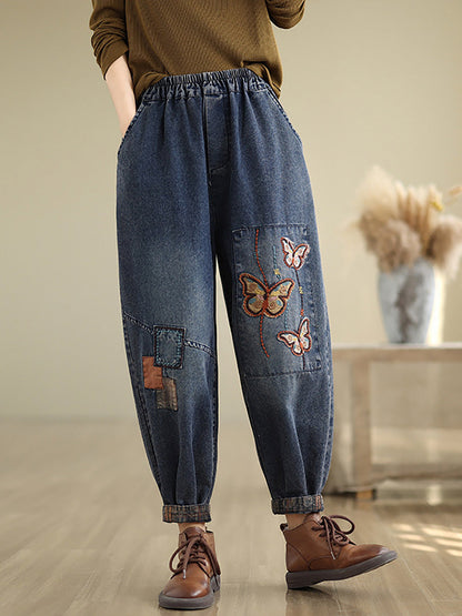 Pantalon sarouel en denim brodé de papillons artistiques d'automne pour femmes AI1078