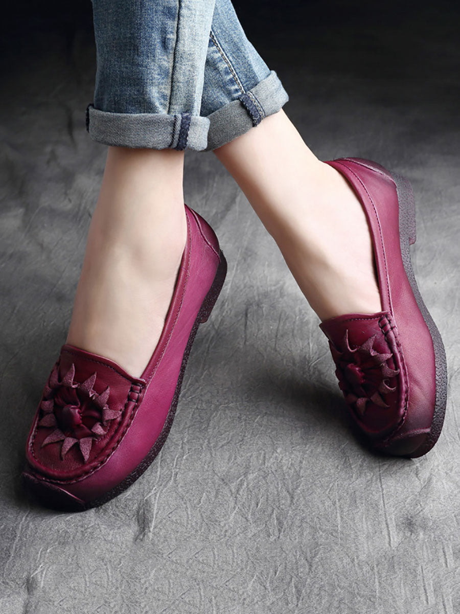 Women Vintage Flower Genuine Leather Low Heel Shoes AS1005