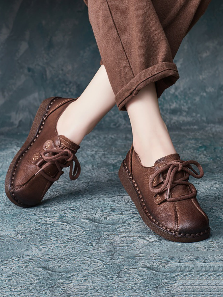 Women Ethnic Vintage Leather Spliced Low Heel Shoes AT1015