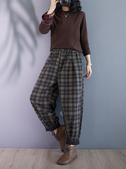 Women Autumn Retro Plaid Thick Cotton Harem Pants BA1036