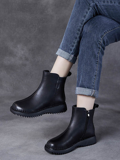 Bottes mi-talons rétro en cuir véritable avec fermeture éclair pour femmes AH1078