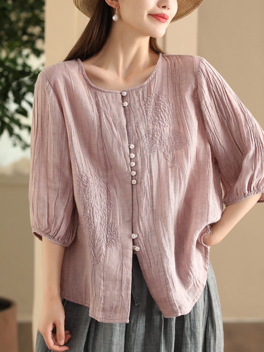 Women Summer Vintage Embroidery Solid Button Ramie Shirt FD012