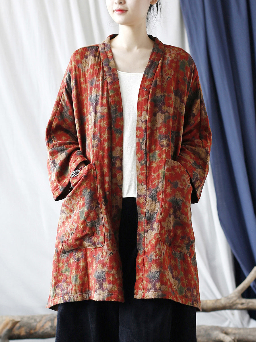 Women Ethnic Floral V-neck Pocket Cardigan Coat RR019