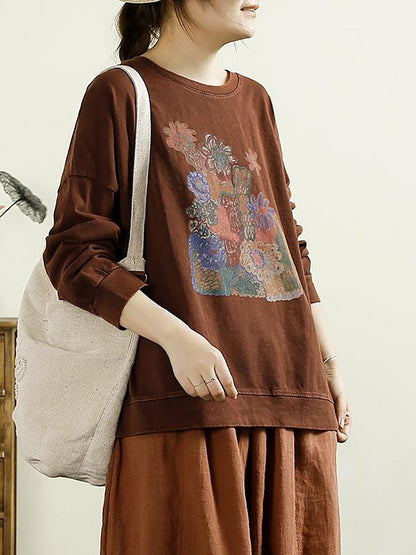 Women Casual Autumn Flower O-Neck Cotton Blouse AT1002