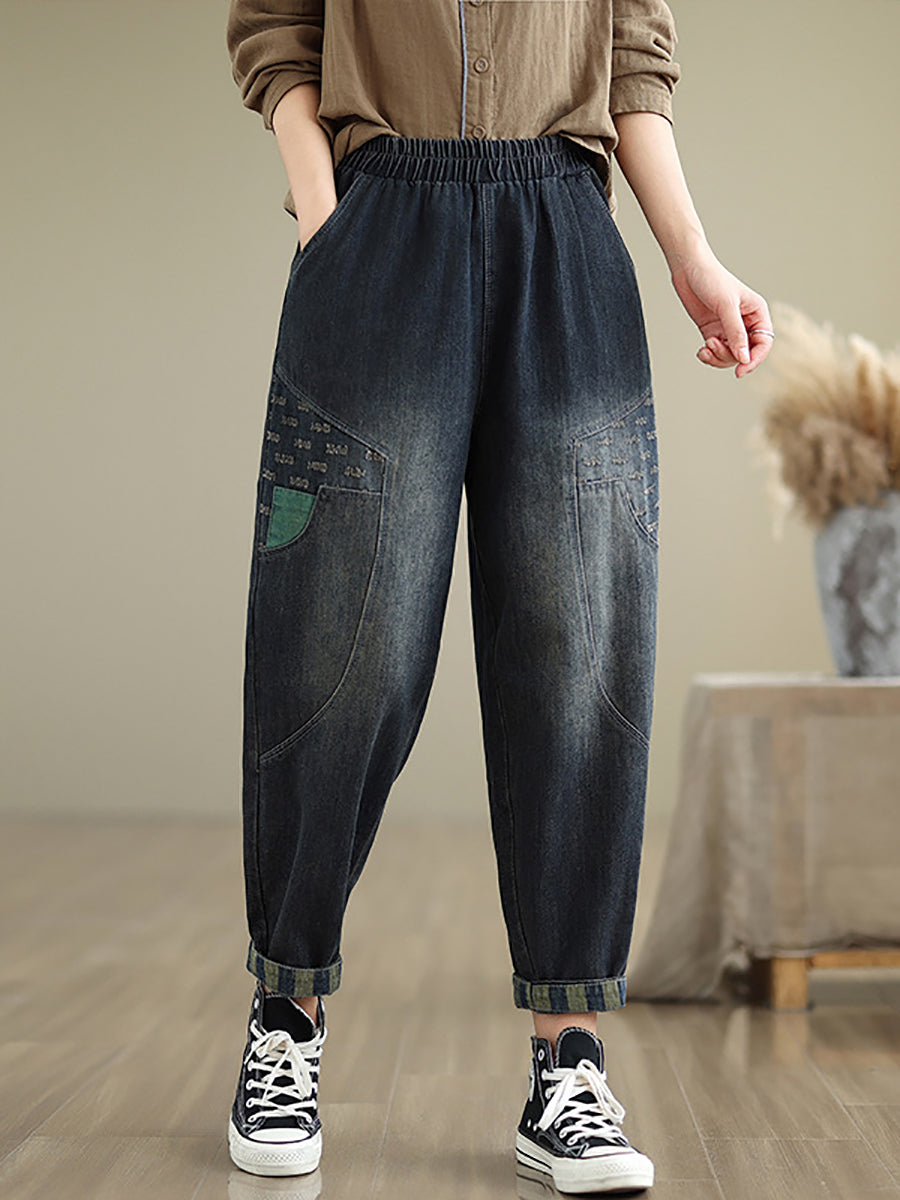 Damen Herbst Gespleißt Beiläufige Lose Denim Haremshose AT1064