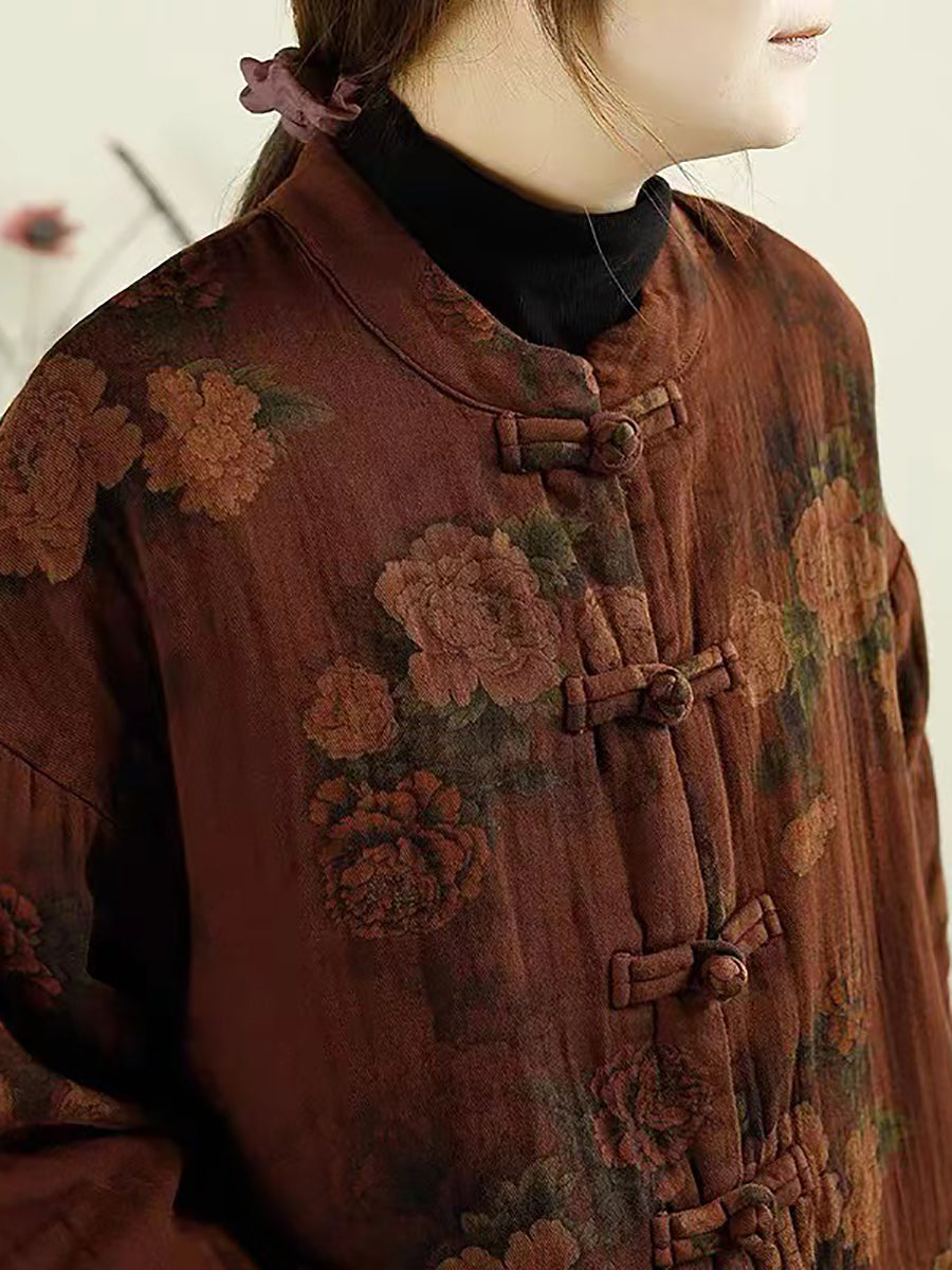 Women Ethnic Autumn Flower Buckle Cotton Stand Collar Coat BA1046