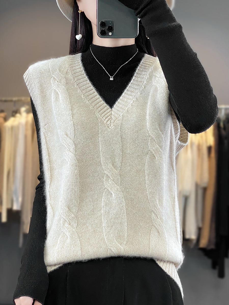 Gilet décontracté en laine à col en V et tricot torsadé pour femme QN024