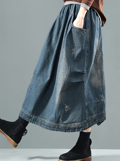 Women Retro Fade Pocket Elastic Waist Denim Skirt AI1012