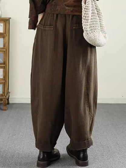 Women Autumn Vintage Solid Pocket Linen Harem Pants AV1031