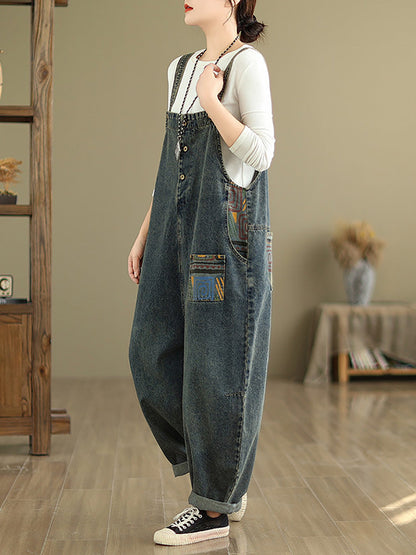 Lässiger Patchwork-Overall aus lockerem Denim für Damen 