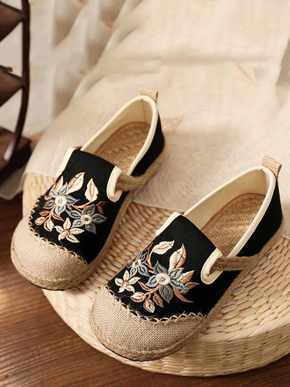 Women Ethnic Flower Embroidery Linen Cotton Flat Shoes AH1062