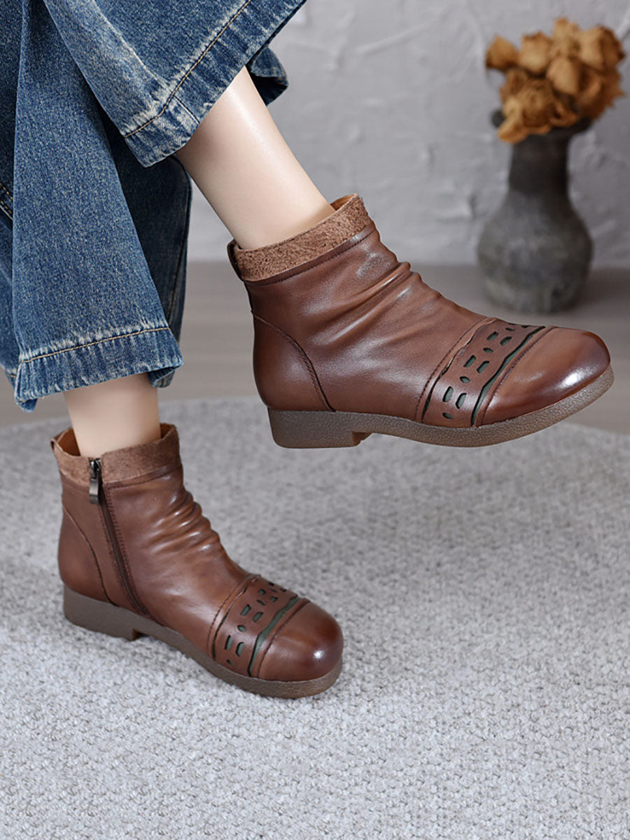 Women Vintage Leather Spliced Low Heel Ankle Boots AV1074