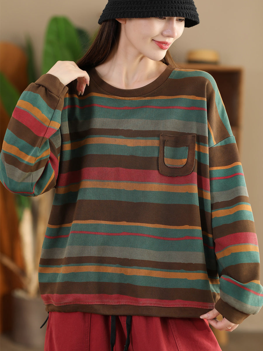 Women Casual Autumn Colorblock Stripe O-Neck Cotton Sweatshirt AI1027