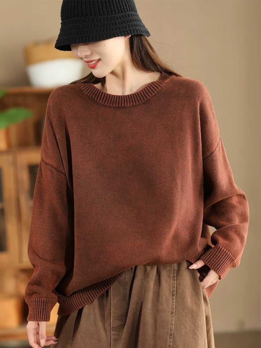 Pull en tricot à col rond décontracté pour femme, couleur unie, automne AK1028 