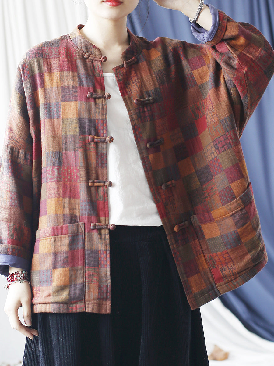 Women Vintage Spring Plaid Cotton Shirt Coat RR001