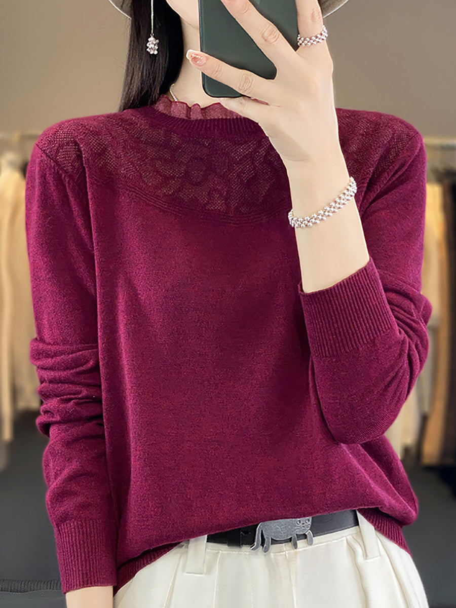 Women Autumn Lacework Neck 100%Wool Loose Sweater QM020