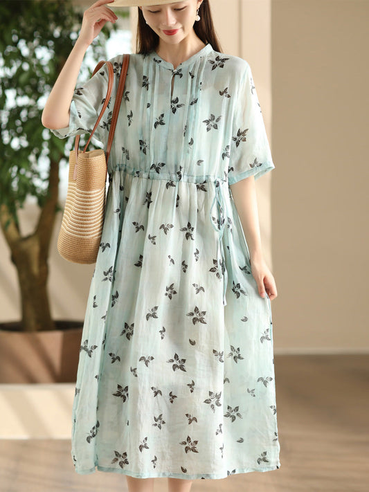 Women Summer Flower Shirred Artsy Strap Waist Dress RR023