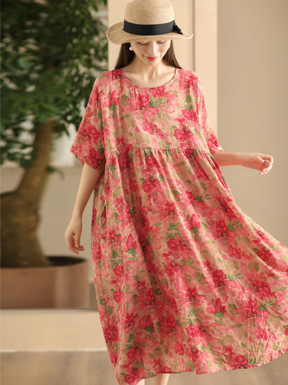 Women Summer Vintage Flower Linen Loose Dress FD043