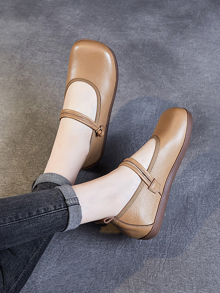 Women Casual Solid Leather Square Toe Flat Shoes AT1040