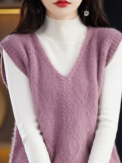 Women Casual Wool V-Neck Twist Knit Vest BA1045