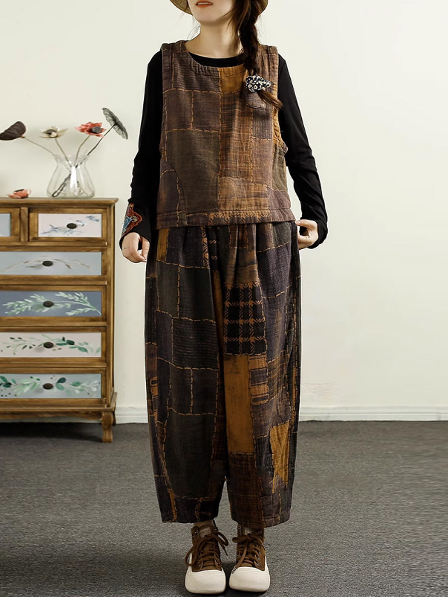 Women Autumn Plaid Spliced Cotton Harem Pants AI1051