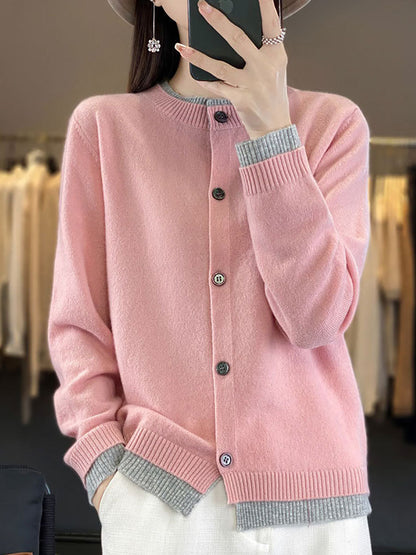 Women Autumn Colorblock Knit 100%Wool O-Neck Sweater QM006