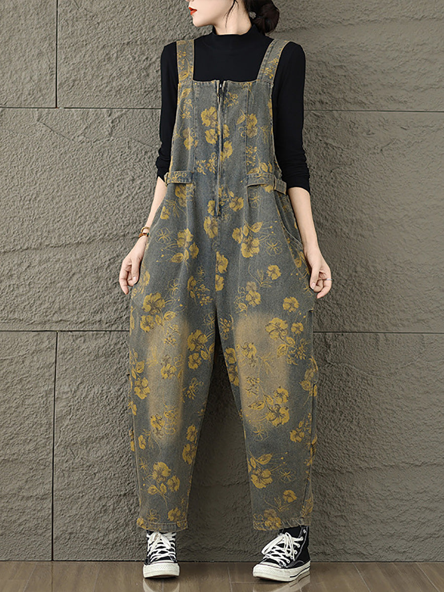 Women Autumn Retro Flower Zipper Denim Jumpsuits AX1002