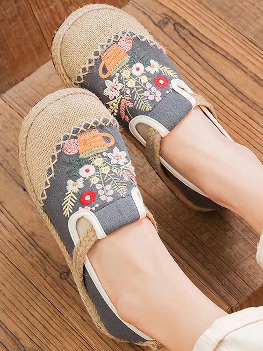 Frauen Sommer Artsy Blume Stickerei Leinen Baumwolle Schuhe AT1080