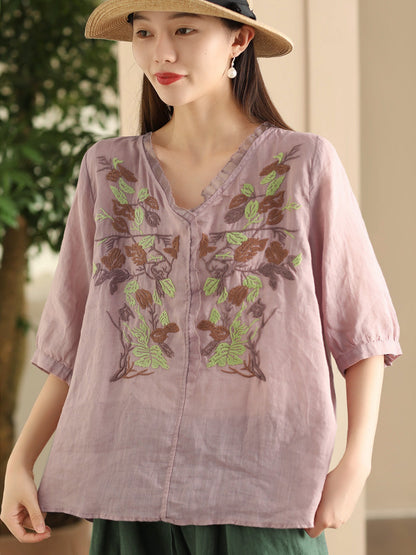 Women Summer Vintage Flower Embroidery Lace Ramie Shirt FD044