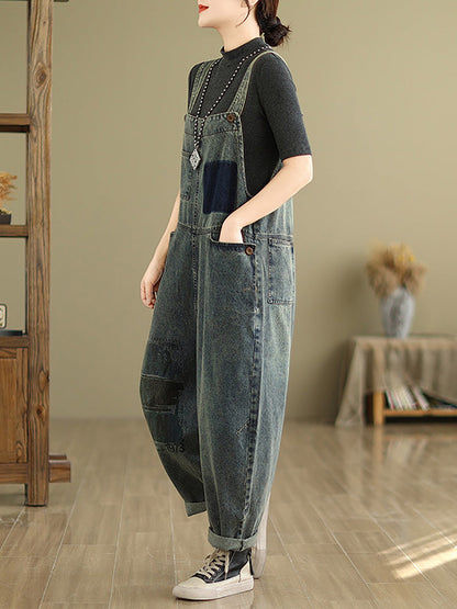 Damen Retro Patchwork Loose Washed Denim Overalls AH1080 