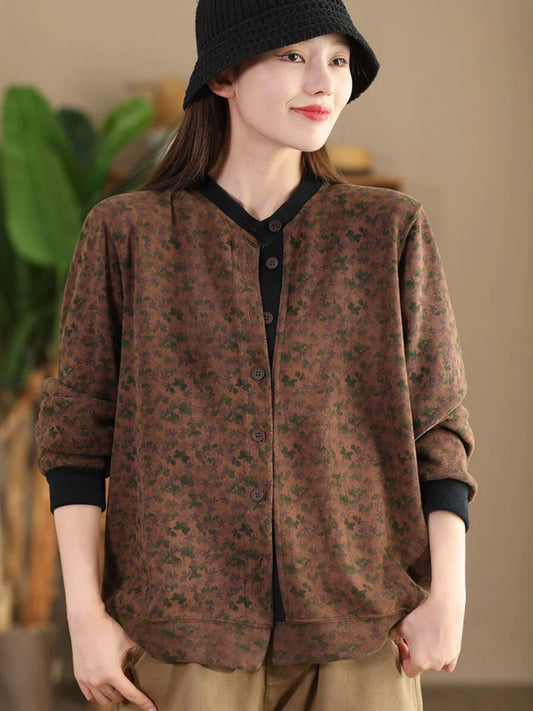 Women Vintage Flower Colorblock Button Cotton Coat AT1027