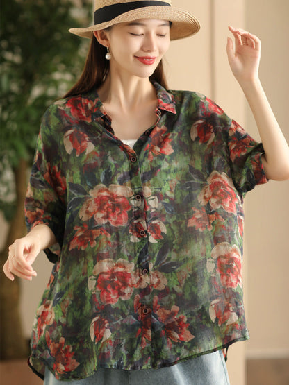 Women Summer Vintage Flower Patch Spliced Ramie Shirt FD039