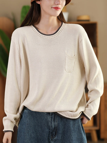 Women Autumn Casual Colorblock O-Neck Cotton Knit Blouse AI1068