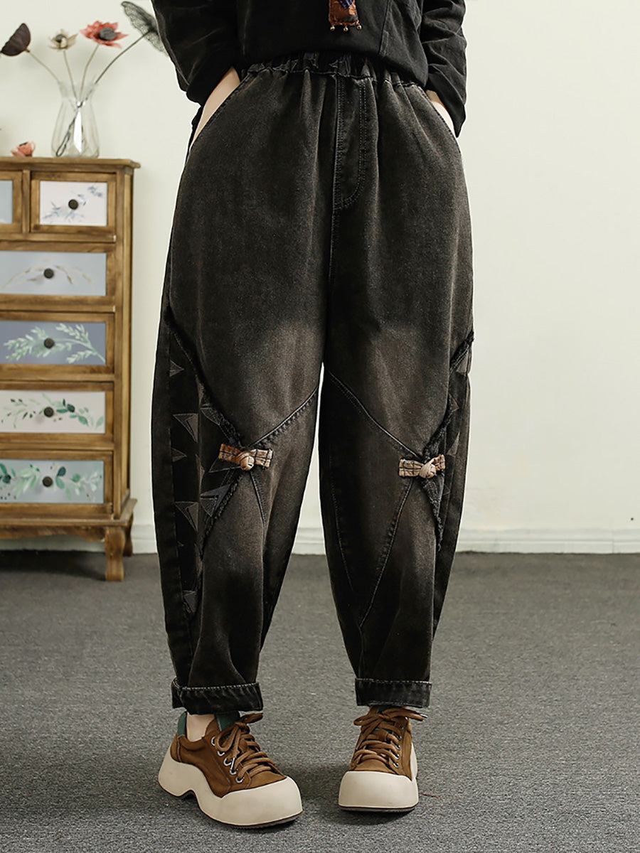 Women Autumn Patch Spliced Washed Denim Harem Pants AI1052